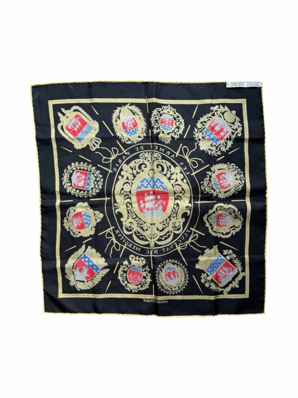 Hermès Les Armes de Paris Silk Pocket Square Scarf Black Gold 16.5” - Picture 2 of 4